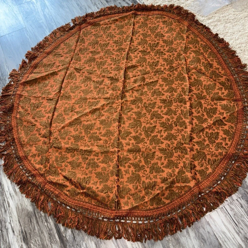 Vintage MCM Orange Brown Table Cover Sears Bellissimo Italy 72 In Round Fringe